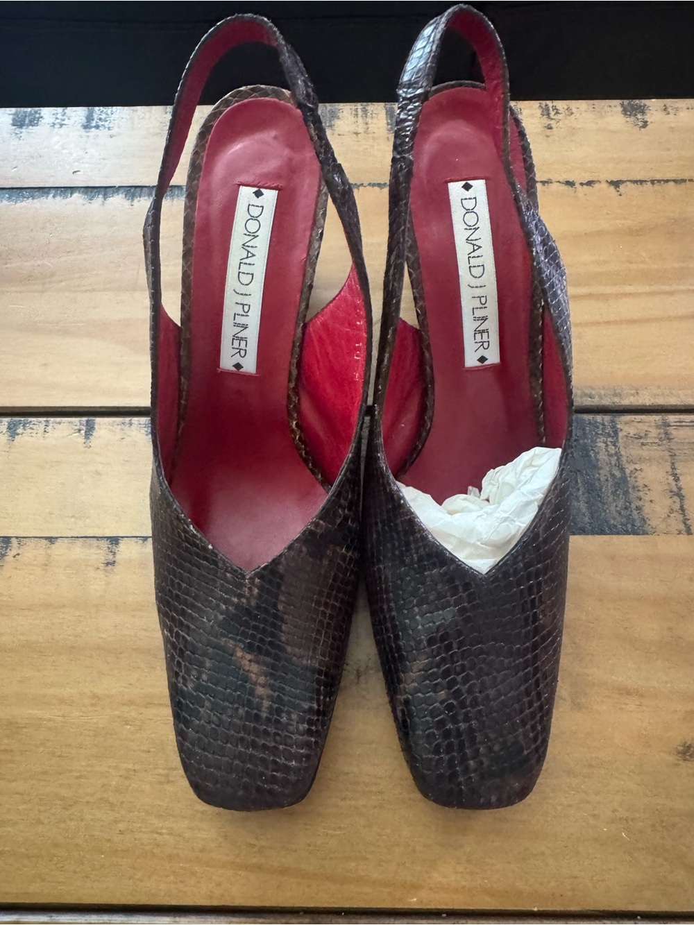 Donald J. Pliner Brown Snake-Embossed Slingback Pumps with Red Lining